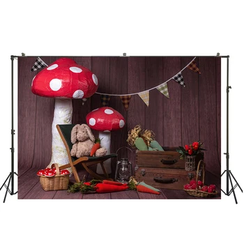 

HUAYI rabbits and mushroom photo photography children's puppet toys backdrop happy Easter party background W-3779