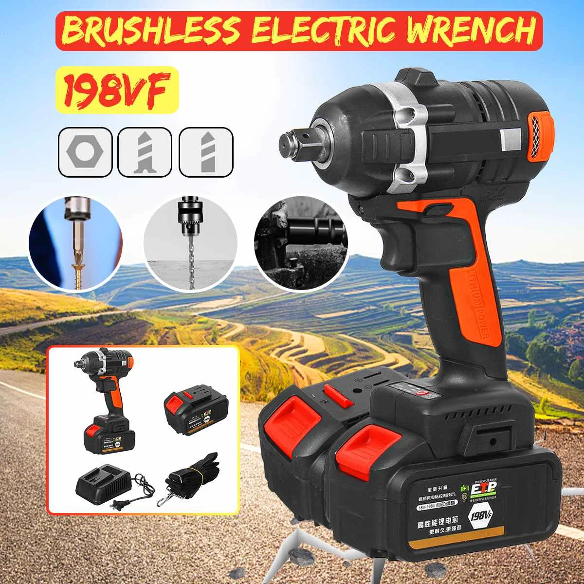 

198VF Cordless Electric Wrench Brushless Motor 520N.M Wrench Lithium Battery Car Repair Maintenance Woodworking Power Tools
