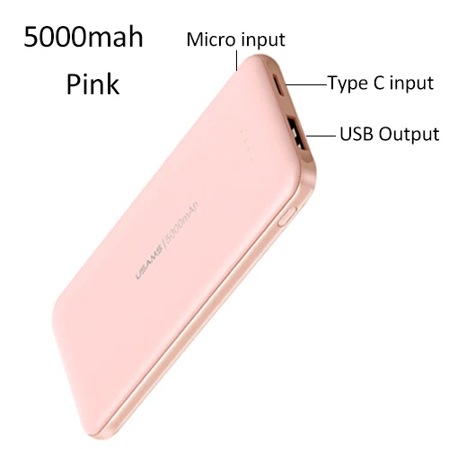 5000mah Pink 5000 мАч Мини-банк питания для iPhone samsung, USAMS Внешняя батарея повербанк ультра-тонкий внешний аккумулятор Тип C Быстрая зарядка pover Bank - Цвет: 5000mah Pink