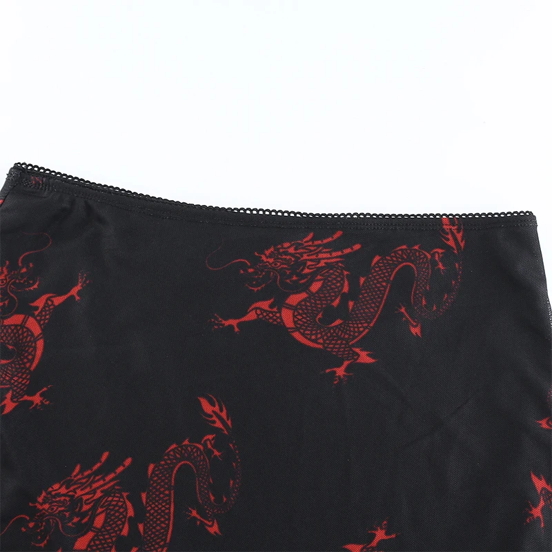 Darlingaga Chinese Style Dragon Print Summer Two Piece Set Women Mesh Sexy Matching Sets Strap Crop Top and Mini Skirt Suit 2020