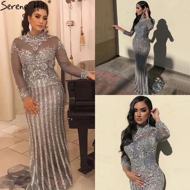 Serene Hill  Luxury Muslim Gray Luxury Long Elegant with Detachable Train Mermaid Evening Gowns Dresses  For Woman LA70199 5