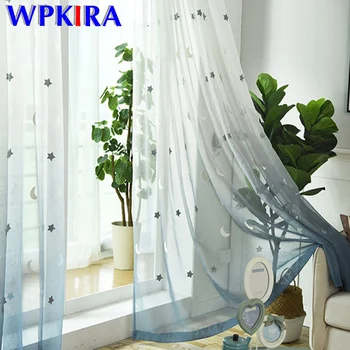 

Star and moon Gradient Grey Voile Curtain For Living Room Dream Embroidered Sheer Curtain Bedroom Window Tulle Hot Sale M154D3