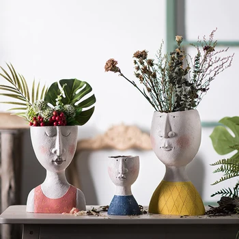 

Art Portrait Flower Pot Vase Sculpture Resin Human Face Family Flower Pot Handmade Garden Storage Flower Arrangement Home Decors