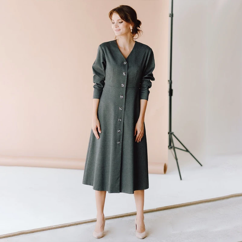 

ZEROS 2020 New Fashion Spring Women Casual Sashes a Line Party Dress Ladies Long Sleeve V Neck Elegant Office Work Dress