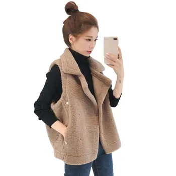 

Women Autumn Winter Sleeveless Solid Color Plush Lapel Lamb Cardigan Overcoat Loose Jackets Pocket New