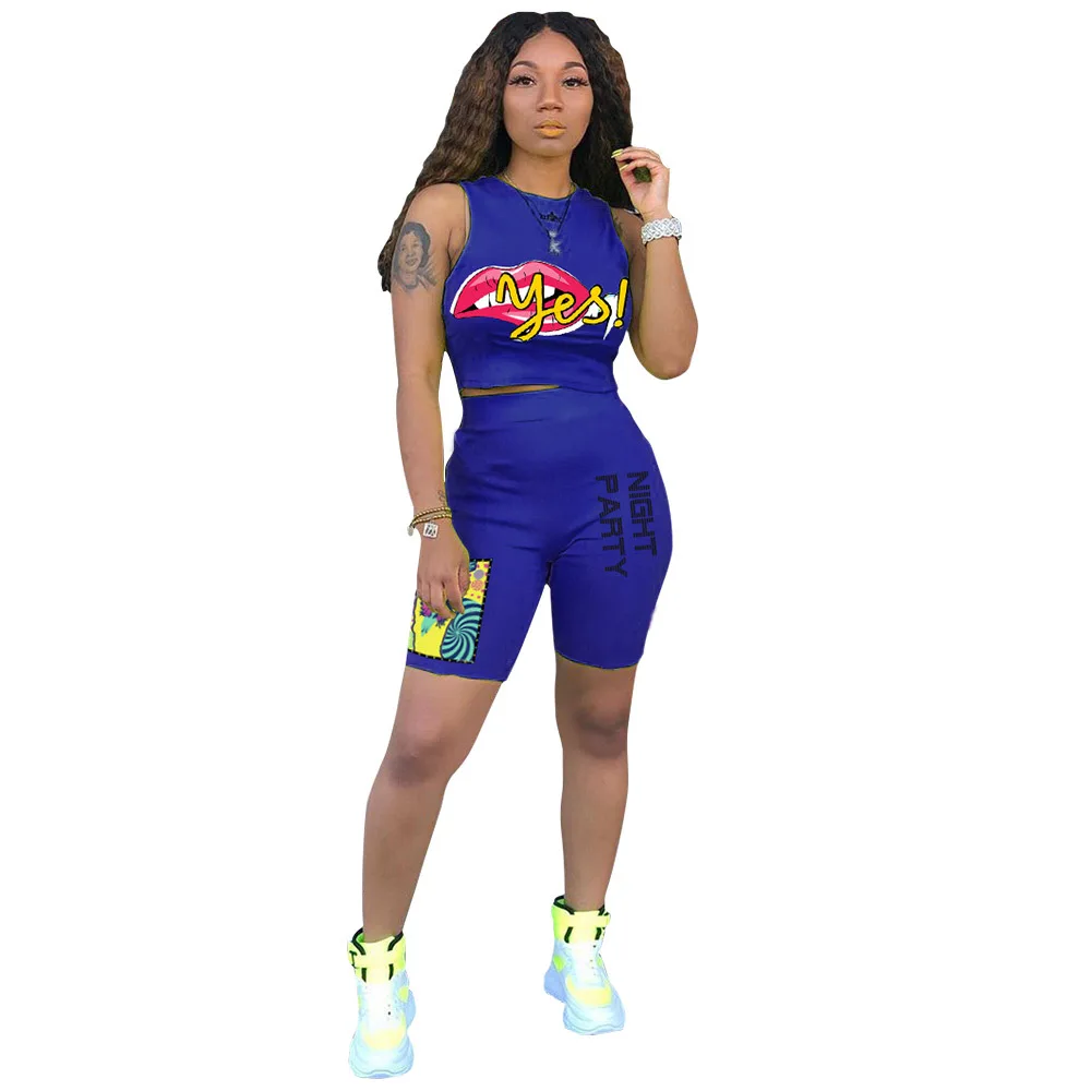 

European new style women set o neck summer print sleeveless 2 pieces outfits lady slim fit two pieces track suit DA6209