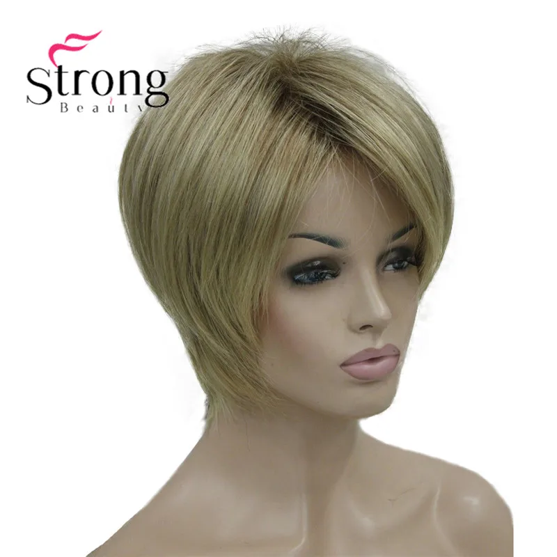 5969 #AB602 New charming blonde mix with brown root women' short straight wig (2)