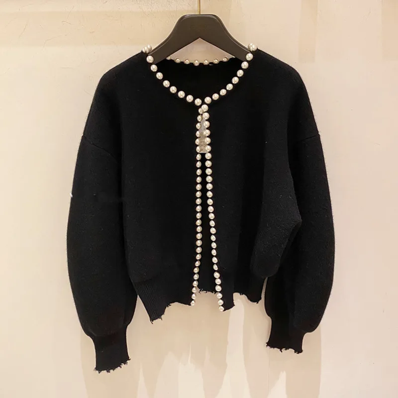 2020 New Fashion Korean Jackets Pearls Cardigan Batwing Sleeve Wool Knit Vintage Women's Coat High Quality Jacket AQ927