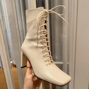 

Luxury INS Brand Women Ankle Boots 2020 Winter Beige Block High Heels Square Toe Chelsea Boots High Quality Lace Up Martin Boots