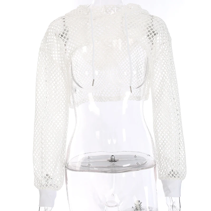 Camiseta sexy de malla de verano para mujer, top corto fruncido con agujeros, sudaderas de manga larga, camisetas de rejilla para mujer