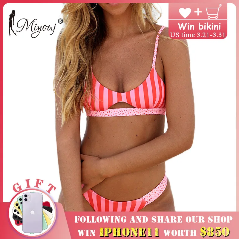 

Miyouj Stripe Bikini Push Up Swimsuit Women Hollow Out Biquini 2019 Swimwear Dot Bathing Suits Print Biquinis Thong Bikini Set