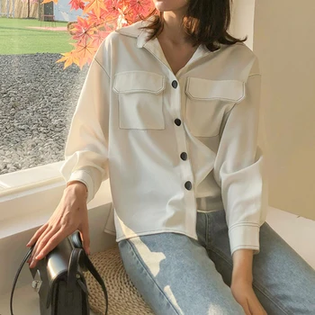 

Korean Style Women White Chiffon Blouse Casual Female Full Sleeve Office Blouse Office Lady Pocket Spring Autumn Loose Blouse