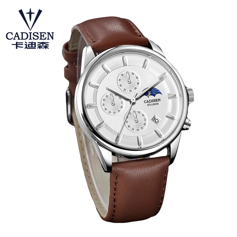 BROWN WRISTWATCH CADISEN часы Мужские лучший бренд класса люкс мужские модные часы с кожаным ремешком в стиле кэжуал Кварцевые водонепроницаемые наручные часы Moon Phase Relogio Masculino - Цвет: BROWN WRISTWATCH