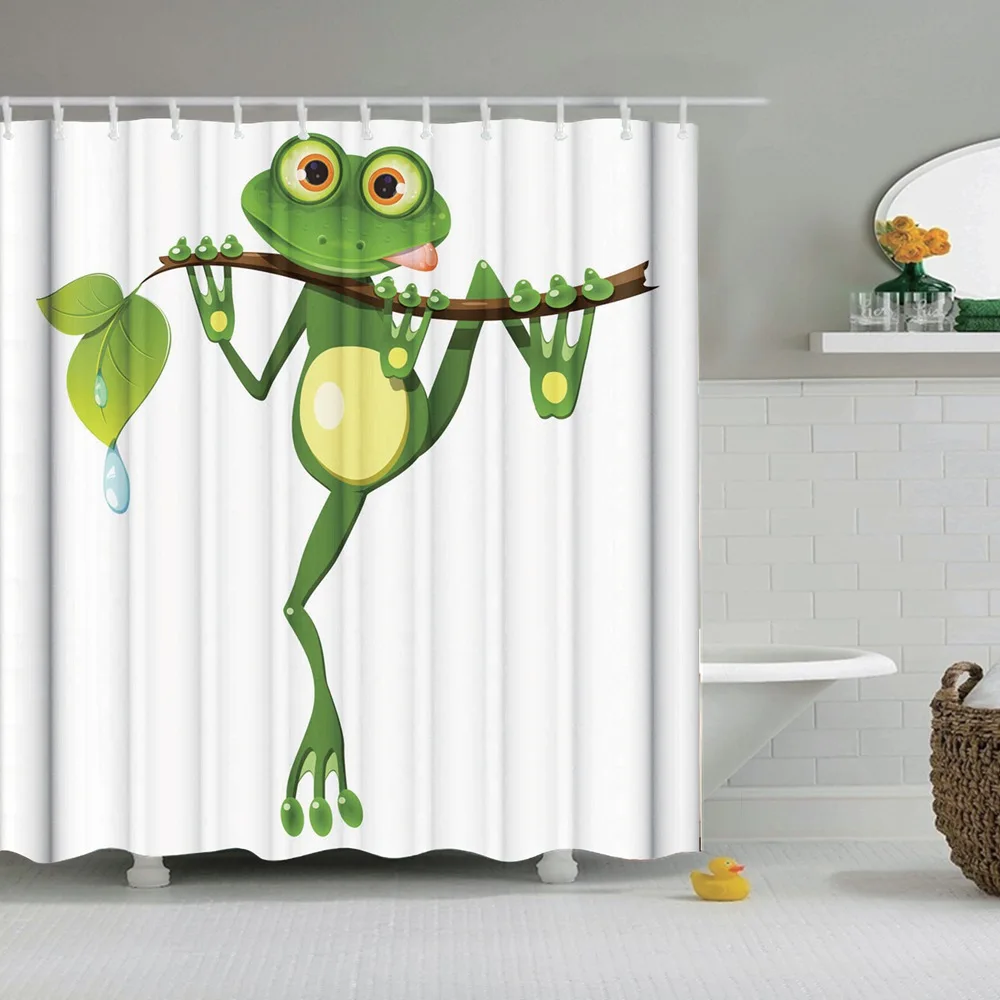 Занавеска для душа с животными забавная Лягушка на ветке дерева ткань декор для ванной комнаты Набор с крючками белый зеленый