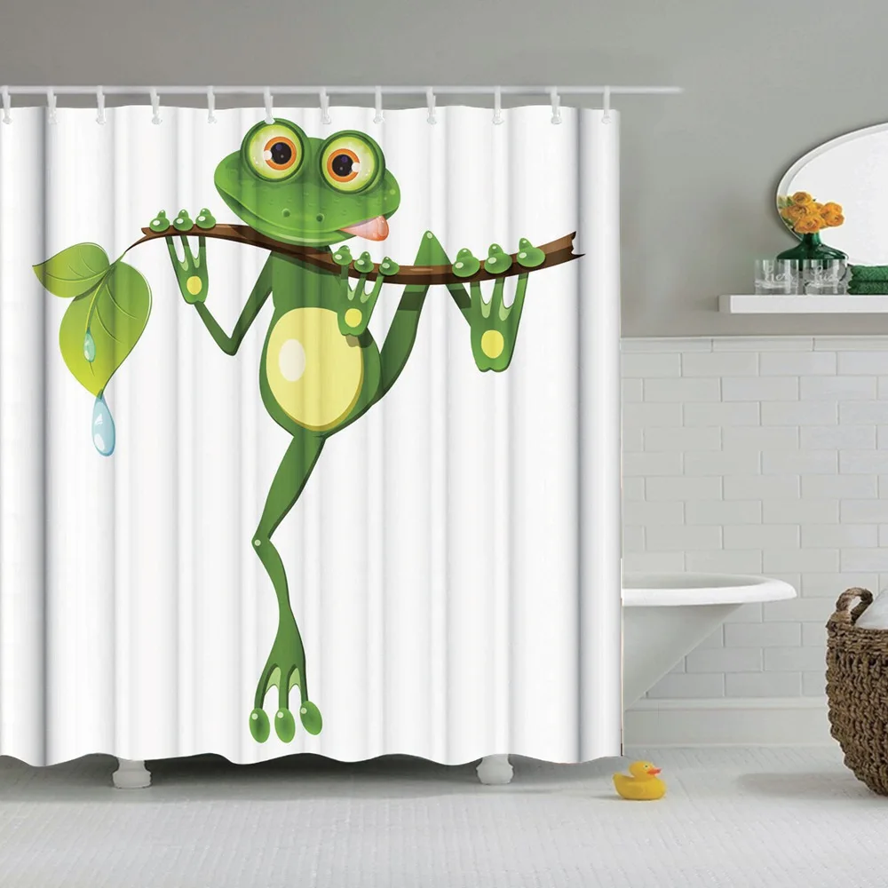 

Animal Shower Curtain Funny Frog on Branch of The Tree Cloth Fabric Bathroom Decor Set with Hooks White Green