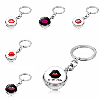 

WG 1pc Kiss You Red Lips Time Gem&stone Cabochon Keyring Pendant Metal Glass Ball Keyring Keychain For Lovers Jewelry