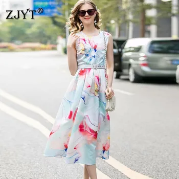 

New Fashion Runway Dress 2020 Spring Summer Women's Elegant Sleeveless O Neck Floral Print Aline Mid Calf Casual Tank Dresses