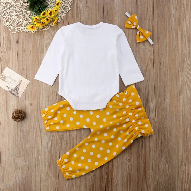 Citgeett sPRING Newborn Baby Girls Clothes Tops Sunshine Romper Dot Bowknot Long Yellow Pants 3Pcs Autumn Set Outfits 0-24M