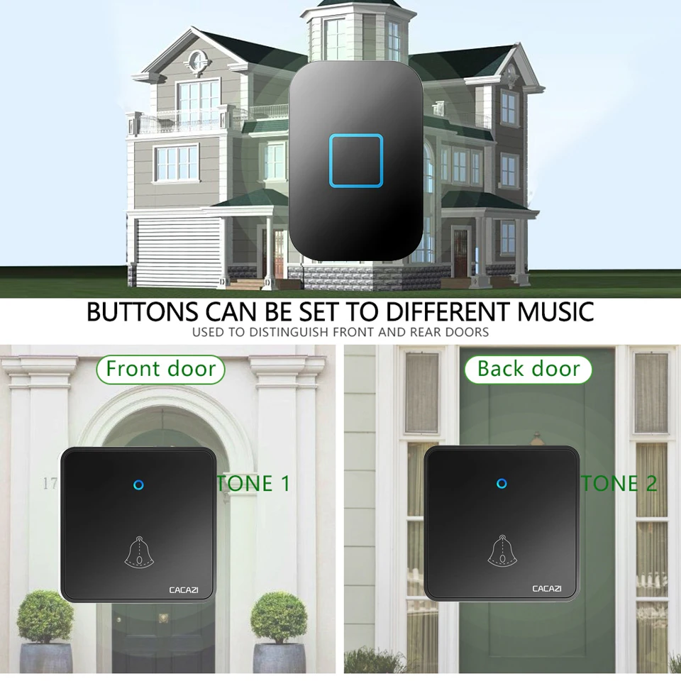 Bezprzewodowy dzwonek do drzwi CACAZI wodoodporny 300M zdalny 60 kurantów CR2032 nadajnik-odbiornik baterii US ue UK wtyczka inteligentny dzwonek do domu