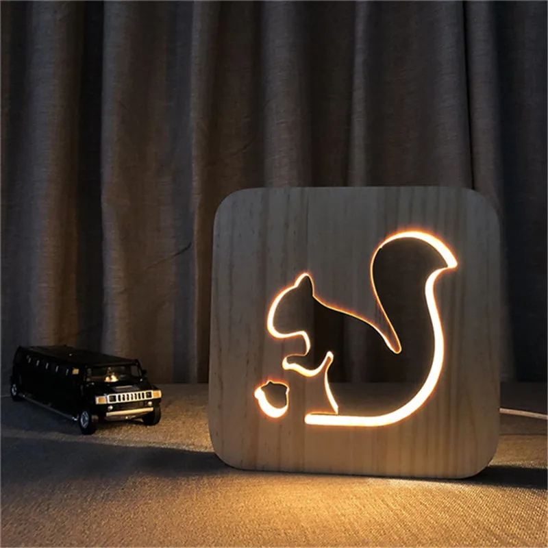 3D белка Деревянный DIY ночной Светильник милые вечерние детский стол настольная