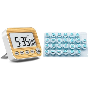 

1Pcs Timer Digital Timers, Kitchen Timer Wood Color & 1 Set 26 English Letter Biscuit Cutter Diy Baking Tool