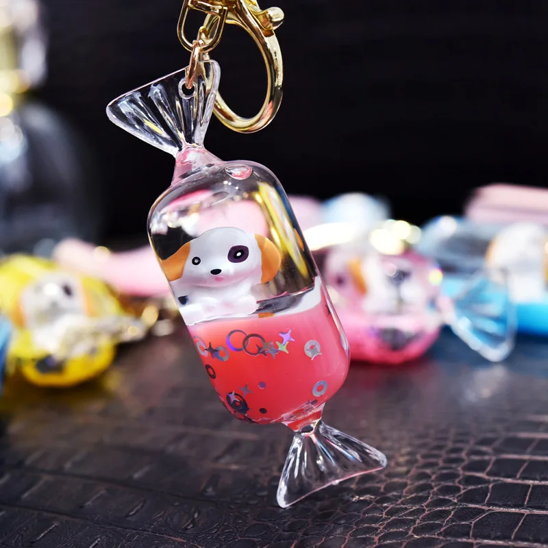 Cute Puppy Floating Liquid Bottle Candy Keychain Creative Moving Sequins Acrylic Dog Key Holder Female Bag Pendant Keyring Gifts