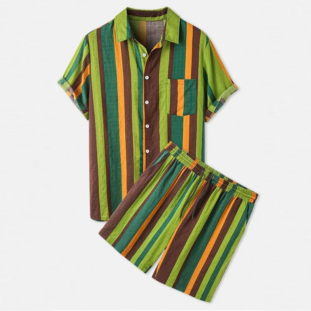 MensBeachHawaiianColorStripedShortSleeveShortSleeveSetTwo