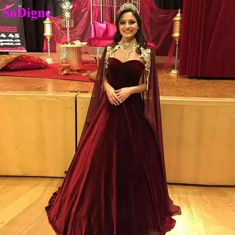 

SoDigne Saudi Arabic Evening Dresses with Cape A Line Burgundy Velvet Formal Evening Gown Dubai Prom Party Dresses