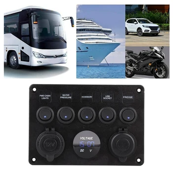 

5 Gang 12V/24V Inline-Fuse Box LED Switch Panel Dual USB Car Boat Truck Camper