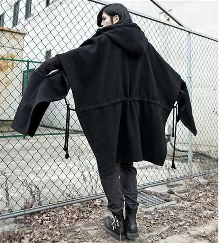 M-4XL Темный ночной клуб летучая мышь рубашка с капюшоном плащ Мужской плащ утолщенный длинный шерстяной пальто