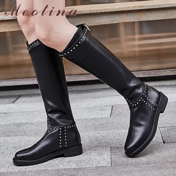 

Meotina Winter Riding Boots Women Natural Genuine Leather Zip Flat Knee High Boots Rivets Round Toe Shoes Lady Autumn Size 34-42