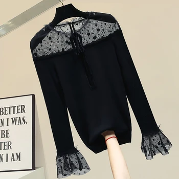 

Princess Sleeve Slim-Fit Black Mesh Panel Knit Shirt Female Spring Autumn Thin Sweater Womens Tops Blusas Femme Nancylim