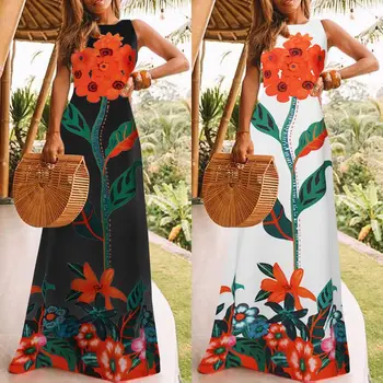 

Celmia Women Floral Print Bohemian Maxi Dress Plus Size Sleeveless Sundress O neck Holiday Long Vestido Casual Summer Beach Robe