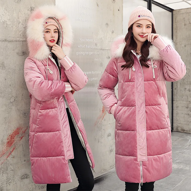 Cotton-padded Jacket New Style Women's Mid-length Korean-style Loose Thick down Feather Cotton-padded Clothes Gold Velvet W