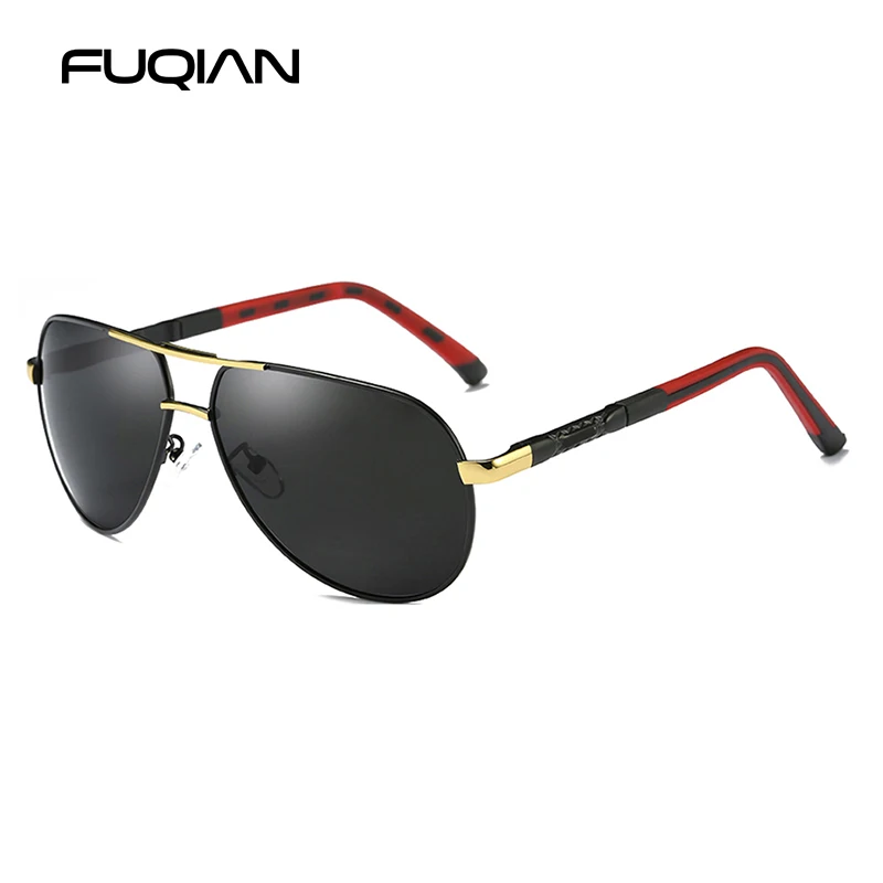Gold Black BLACK FUQIAN, роскошные поляризованные солнцезащитные очки пилота, мужские, высокое качество, металлические, антибликовые, для вождения, мужские солнцезащитные очки, для улицы, очки UV400 - Цвет линз: Gold Black BLACK