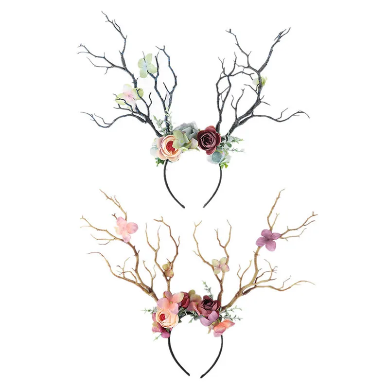 Christmas Headband Antlers Deer Horns Fairy Tale Flower Tree Branch Retro Hair Hoop Crown Festival Party Props Xmas Costume