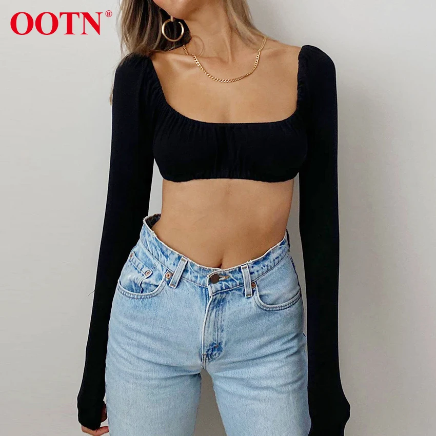 Женская трикотажная футболка OOTN черная однотонная укороченная с длинным рукавом