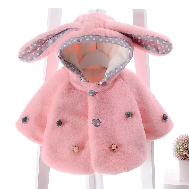Осенне-зимняя куртка с капюшоном и меховыми ушками кролика для новорожденных девочек 0-24 месяцев - Цвет: Розовый