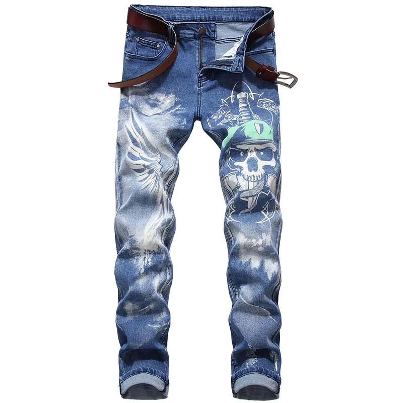 Mcikkny Men's Fashion Hip Hop Jean 3D Skull Printed Denim Trousers Male Streetwear Pants Stretch  (1)