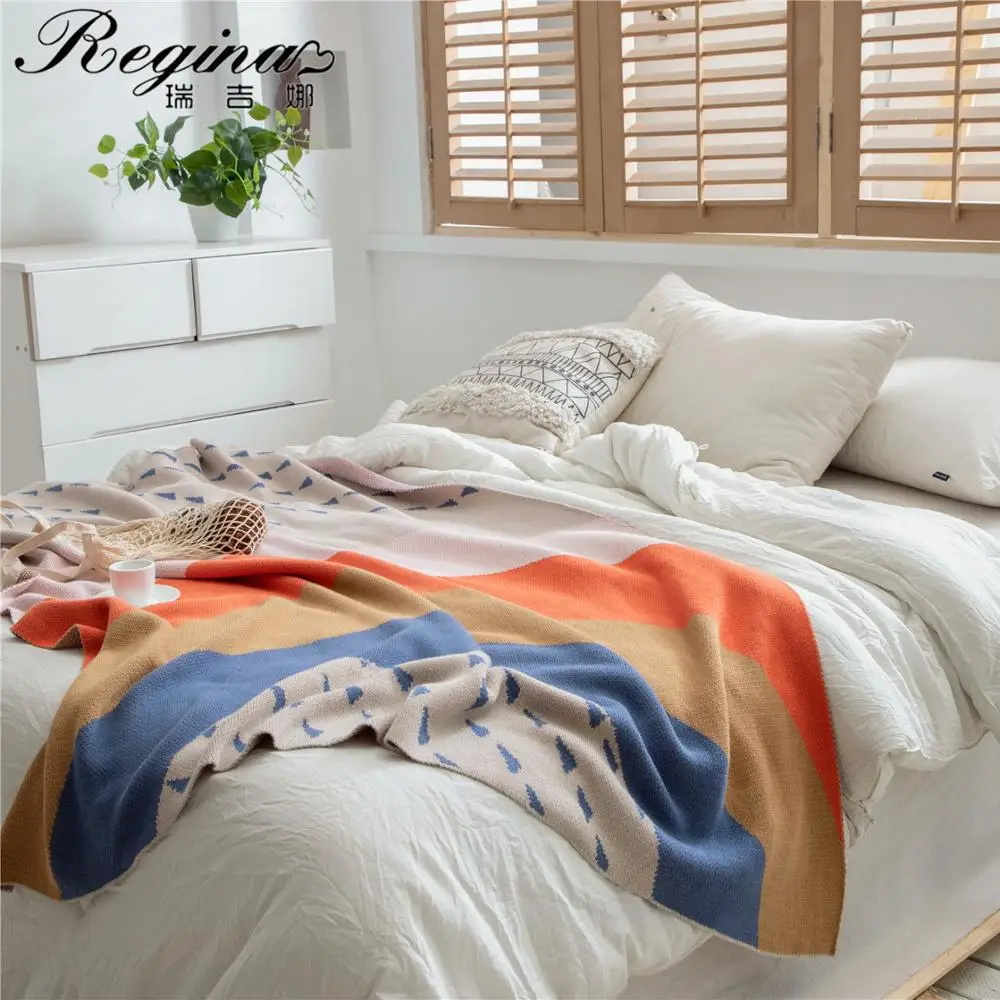 REGINA Bohemian Raindrop Rainbow Throw Blanket For Bed Sofa Cute Iridescent Plaid Cotton Office Travel Wearable Photo Blankets | Дом и сад