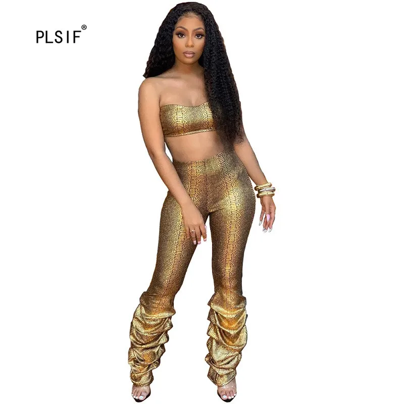 Sexy snake print lady clothes set strapless bra top and pleated skinny long pants 2 piece sexy club outfit |