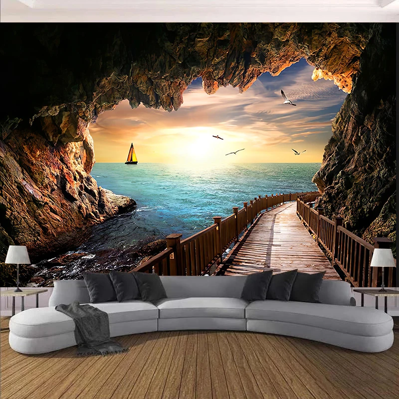 Ocean cave wonder tapestry landscape wall hanging room decoration living bedroom background thin cloth | Дом и сад