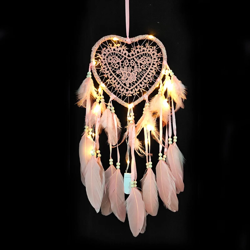 LED Light Dream Catcher with Feather Love Heart Night Light Home Bedside Wall Hanging Home Party Wedding Decoration Gift - Цвет: Розовый