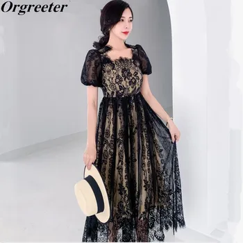 

Party Queen Lace Dress 2020 New Summer Elegant Square collar Short Ruched Puff Sleeve Jacquard Black Long Dress Vestidos