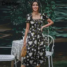 

Deenor Women's Dress Square Neck Skirt Fashion Print Sexy Backless Dress Summer Short Sleeve Dresses Women's Wear