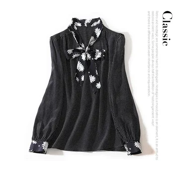 

New v neck printing department take bowknot wavelet long sleeved coat female joker hedge silk shirt