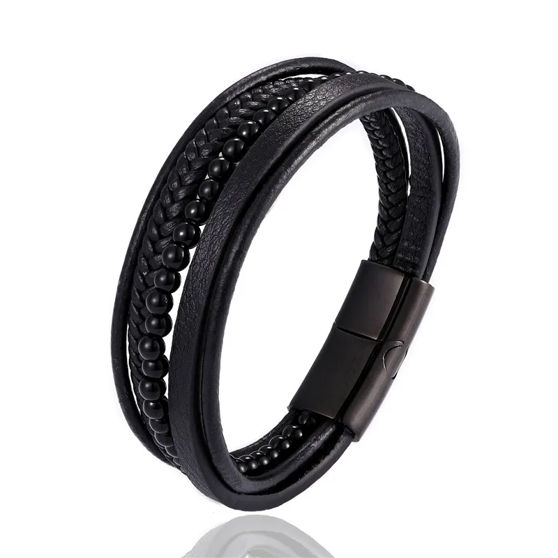 MKENDN Fashion Male Jewelry Braided Leather Bracelet Red Tiger Eye Beads Bracelet Black Stainless Steel Magnetic Clasps Men Wris - Окраска металла: Black Agate