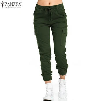 

2020 Fashion ZANZEA Women Drawstring Elastic Waist Long Pants Solid Trousers Casual Loose Pockets Pantalones Femme Streetwear