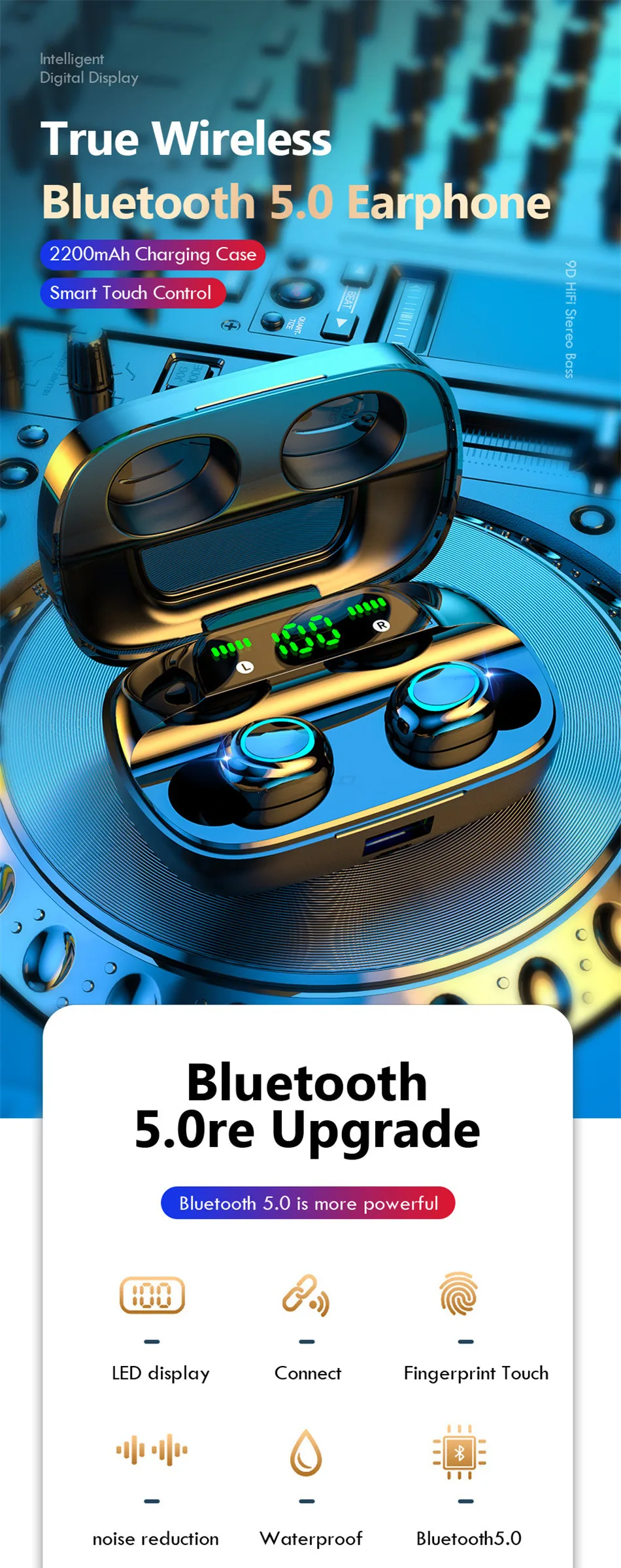 Wireless Headphones Bluetooth V5.0 Earphones LED Display 2200mAh Charging Box with Microphone Waterproof Headphone Touch Control