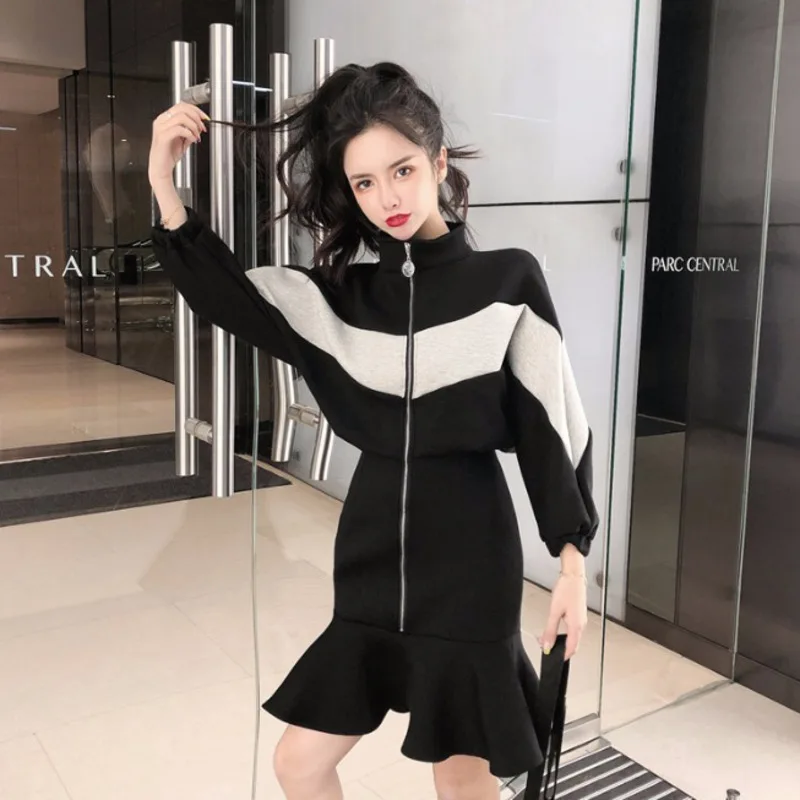 

Korean Long Sleeve Mini Dress Women Spring Stand Black Sexy High Waist Zipper Hips Mermaid Dresses Autumn Fashion Slim Vestido